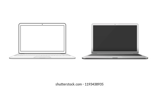 Mockup notebook for presentations. Bright laptop and drawing notebook on a white background. Vector illustration.