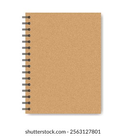 Mockup of a notebook with spiral. A5 format. Brown cover. Kraft paper or cardboard. Shiny metal binder clip. Mockup of a small book, diary, notepad. Copybook, sheets of paper with black binder