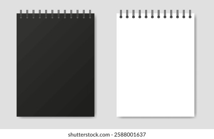 Mockup of a notebook with spiral. A5 vertical format. Black cover. Shiny metal binder clip. Mockup of a small book, diary, notepad. Copybook, sheets of paper with black binder