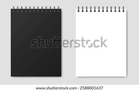 Mockup of a notebook with spiral. A5 vertical format. Black cover. Shiny metal binder clip. Mockup of a small book, diary, notepad. Copybook, sheets of paper with black binder
