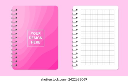 Mockup of a notebook with spiral. Shiny metal binder clip. Mockup of a small book, diary, notepad. Copybook with gridded notepaper. White sheets of paper with grid pattern. Pink abstract cover design