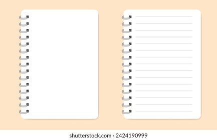 Mockup of a notebook with spiral. Shiny metal binder clip. Mockup of a small book, diary, notepad. Copybook with lined notepaper. White sheets of paper with black lines