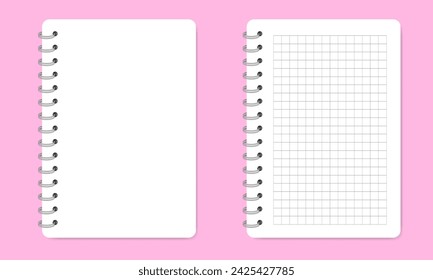 Mockup of a notebook with spiral. Shiny metal binder clip. Mockup of a small book, diary, notepad. Copybook with gridded notepaper. White sheets of paper with black grid pattern