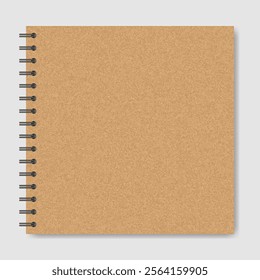 Mockup of a notebook with spiral. Square format. Brown cover. Kraft paper or cardboard. Shiny metal binder clip. Mockup of a small book, diary, notepad. Copybook, sheets of paper with black binder