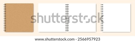 Mockup of a notebook with spiral. Square format. Brown cover. Kraft paper or cardboard. Shiny metal binder clip. Mockup of a small book, diary, notepad. Copybook, sheets of paper with black binder