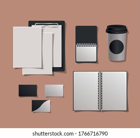 Mockup notebooks mug and cards design of corporate identity template and branding theme Vector illustration