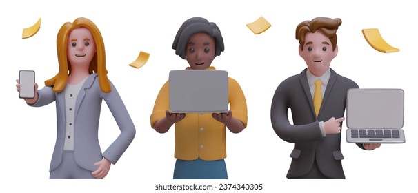 Combinación de gadgets de oficina con pantalla en blanco. Personajes hombres y mujeres sostienen teléfonos y portátiles. Colocar el logotipo, el signo, el texto. Plantilla de publicidad de vectores