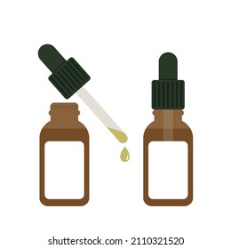 Mockup of oil or serum in a closed bottle and in an open bottle with a pipette and a drop of liquid isolated vector illustration. Serum essence bottle with dropper. Medical, cosmetic, vaping oil.