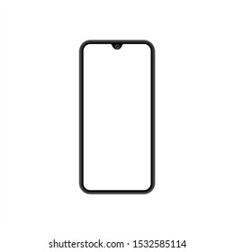 Mockup oof smartphone with blank white screen isolated on white background with teardrop camera design. Realistic vector trendy frameless smartphone, cellphone mockup