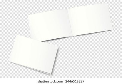 Mockup of an open (bottom) and closed top) two-page booklet, notebook, brochure, magazine, book. Transparent background. 3D vector illustration for your design.