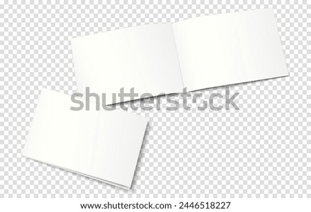 Mockup of an open (bottom) and closed top) two-page booklet, notebook, brochure, magazine, book. Transparent background. 3D vector illustration for your design.