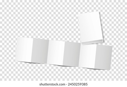 Attrappe eines offenen und geschlossenen Buches, Broschüre, Broschüre, Broschüre, Akkordeonart, 12 Seiten, 6 Falten. 3D-Vektorillustration auf durchsichtigem Hintergrund. Geeignet für Ihr Design.