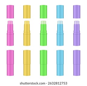 Mockup of open and closed lip baim tubes. Cosmetic stick. Tinted lip balm. Lipstick. Pink, yellow, green, blue and violet colors