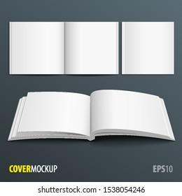 Mockup Open And Closed Magazine, Book, Booklet, Brochure. Illustration Isolated On Gray Background. Blank Mock Up Template Ready For Your Design. Vector EPS10
