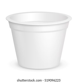 Mockup Open Cup Tub Food Plastic Container For Dessert, Yogurt, Ice Cream, Sour cream Or Snack. Illustration Isolated On White Background. Mock Up Template Ready For Your Design.