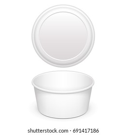 Mockup Open Cup Tub Food Plastic Container With Lid For Dessert, Yogurt, Ice Cream, Sour cream Or Snack. Illustration Isolated On White Background. Mock Up Template Ready For Your Design. Vector EPS10