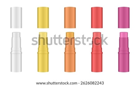 Mockup of open lip baim tubes. Cosmetic stick. Tinted lip balm. Lipstick. White, yellow, orange, red and purple colors