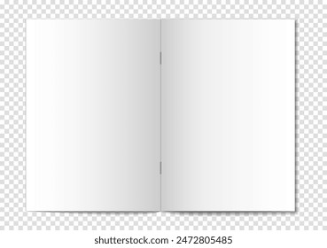 Mockup of an open notebook, album, booklet, brochure, magazine, thin book on a transparent background. 3D vector illustration for your design.