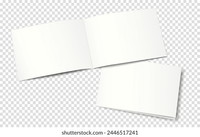 Mockup of an open (top) and closed (bottom) two-page booklet, notebook, brochure, magazine, book. Transparent background. 3D vector illustration for your design.