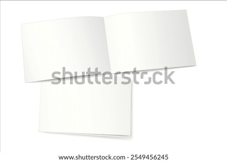 Mockup of an open (top) and closed (bottom) two-page booklet, notebook, brochure, magazine, book. Transparent background. 3D vector illustration for your design.