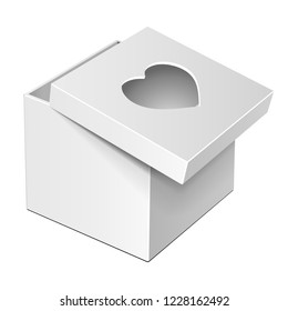 Mockup Open White Cardboard Carton Gift Box With Lid. Valentine's Day, Heart. Mock Up Template Ready For Your Design. Vector EPS10