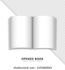 Mockup of opened book with white paper sheets. 3d template of notebook, copybook, magazine, album, journal white empty pages for text. Realistic layout design with copy space