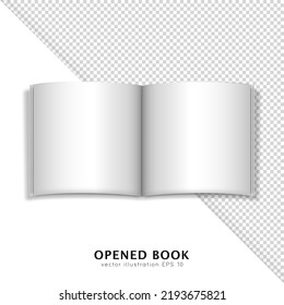 Mockup of opened book with white paper sheets. 3d template of notebook, copybook, magazine, album, journal white empty pages for text. Realistic layout design with copy space