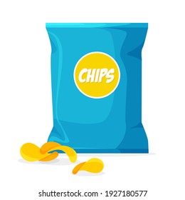 Mockup package of chips in trendy cartoon style with label. Crisps packaging template. Vector illustration isolated on white background.