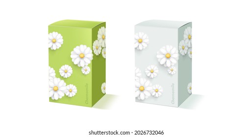 Mockup of packcge box shape with modern chamomile or fluffy white flower decor on green and light blue