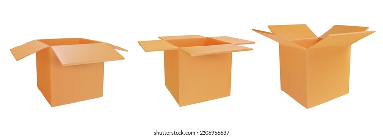 Mockup paper or carton square box. Set 3d realistic open yellow cardboard package isolated on white background. Template empty for branding. Simple fashion design element. Vector illustration.