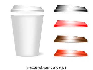 A mockup of a paper cup with lids of different colors for coffee, tea, drinks, water. Can be used as a template for design. Vector illustration on white background.