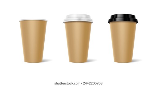 Mockup paper cups with lids 3d realistic vector illustration set. Tea and coffee mugs design template. Take away drinks on white background