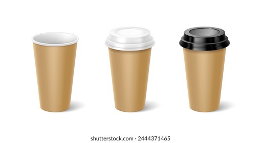 Mockup paper cups with lids 3d realistic vector illustration set. Tea and coffee mugs design template. Take away drinks on white background