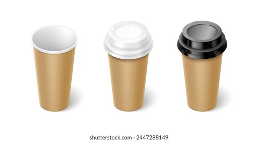 Mockup paper cups with lids 3d realistic vector illustration set. Tea and coffee mugs design template. Take away drinks on white background