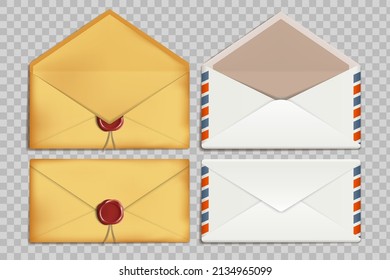 Mockup paper retro envelopes for letters. Set isolated on transparent background. Vector template