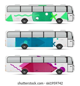 Mockup of passenger bus. Design templates for transport. Branding for advertising and corporate identity. Graphics elements for business or inspiration.