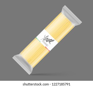 Mockup of pasta pillow bag on gray background. Vector illustration. Ready to place your design. EPS10.