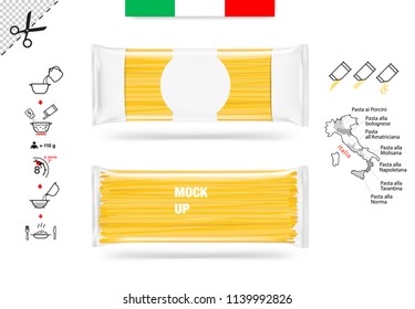 Mockup of pasta pillow bags with cooking icon instruction isolated on white background. Vector illustration. Ready for your design, promo and adv. EPS10.