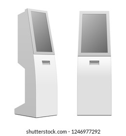 Mockup Payment Information Terminal. ATM, POS, POI Advertising Stand Display. 3D Mock Up, Template. Illustration Isolated On White Background. Vector EPS10