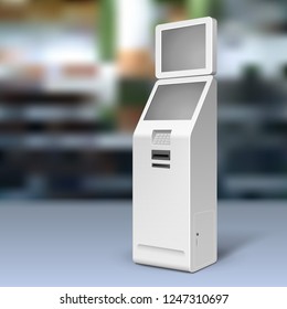 Mockup Payment Information Terminal. ATM, POS, POI Advertising Outdoor, Indoor Stand. 3D Mock Up, Template. Illustration On Realistic Background Shop, Mall. Vector EPS10