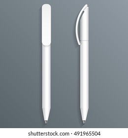 Mockup Pen, Pencil, Marker Set Of Corporate Identity And Branding Stationery Templates. Illustration Isolated On Gray Background. Mock Up Template Ready For Your Design. Vector