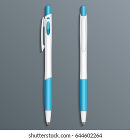 Mockup Pen, Pencil, Marker Set Of Corporate Identity And Branding Stationery Templates. Blue. Illustration Isolated On Gray Background. Mock Up Template Ready For Your Design. Vector EPS10