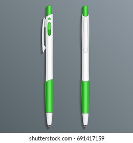 Mockup Pen, Pencil, Marker Set Of Corporate Identity And Branding Stationery Templates. Green. Illustration Isolated On Gray Background. Mock Up Template Ready For Your Design. Vector EPS10