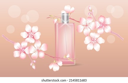 Mockup of perfumery products in pink tones. A pink bottle with toilet water or perfume, a branch of cherry blossoms on a beige background.