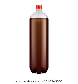 Mockup PET Plastic Clean Disposaple Bottle Empty. Cola Brown Juice Carbonated Soft Drink. Mock Up Template. Illustration Isolated On White Background. Ready For Your Design. Product Packaging. Vector