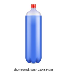 Mockup PET Plastic Clean Disposaple Bottle Empty. Blue Juice Carbonated Soft Drink. Mock Up Template. Illustration Isolated On White Background. Ready For Your Design. Product Packaging. Vector