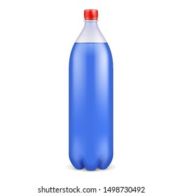 Mockup PET Plastic Clean Disposaple Bottle Empty. Blue Juice Carbonated Soft Drink. Mock Up Template. Illustration Isolated On White Background. Ready For Your Design. Product Packaging. Vector