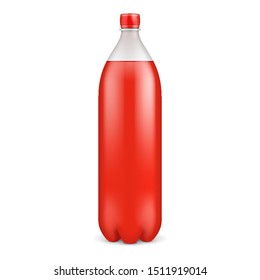 Mockup PET Plastic Clean Disposaple Bottle Empty. Red Juice Carbonated Soft Drink. Mock Up Template. Illustration Isolated On White Background. Ready For Your Design. Product Packaging. Vector