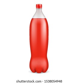 Mockup PET Plastic Clean Disposaple Bottle Empty. Red Juice Carbonated Soft Drink. Mock Up Template. Illustration Isolated On White Background. Ready For Your Design. Product Packaging. Vector