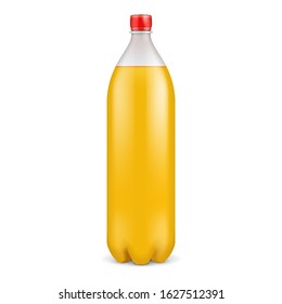 Mockup PET Plastic Clean Disposaple Bottle Empty. Yellow Juice Carbonated Soft Drink. Mock Up Template. Illustration Isolated On White Background. Ready For Your Design. Product Packaging. Vector